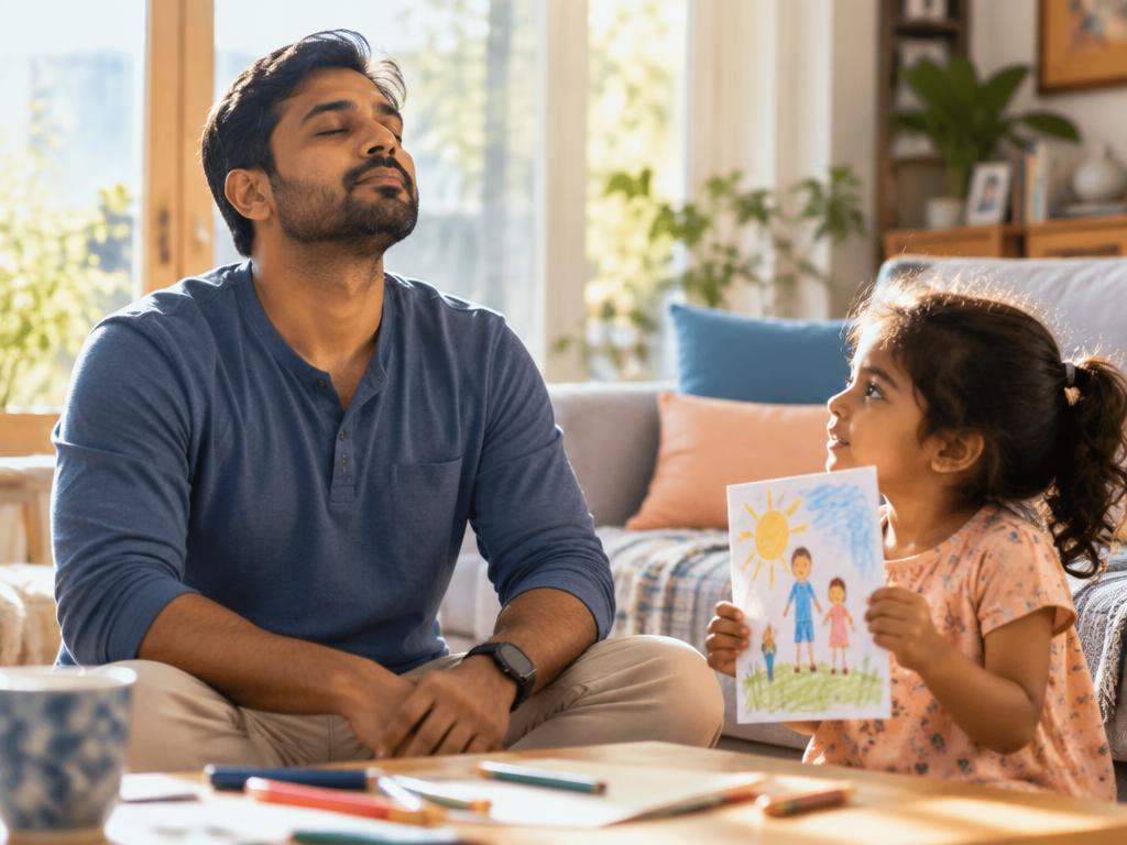 Parent taking a calm moment with a child nearby